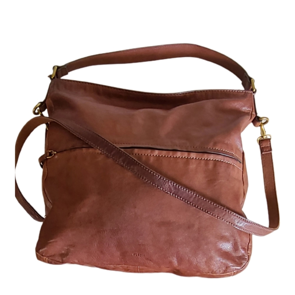 VINTAGE FOSSIL EX-LARGE CARMEL LEATHER TOTE BAG - Picture 8 of 10